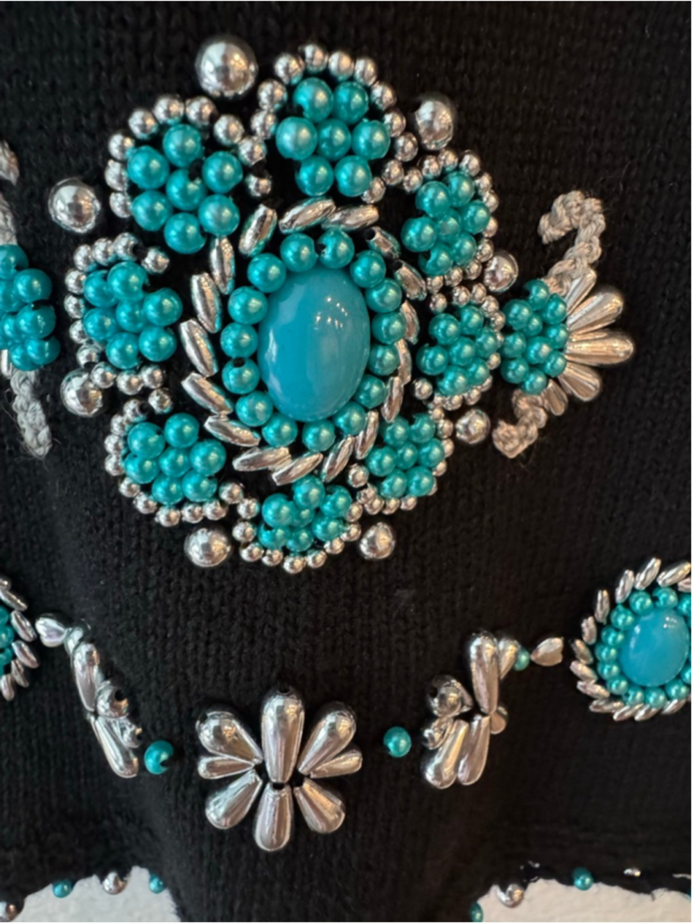 Vintage Michael Simon Sweater Dress Black Turquoise Beaded Cardigan Set of 2 - Picture 3 of 10